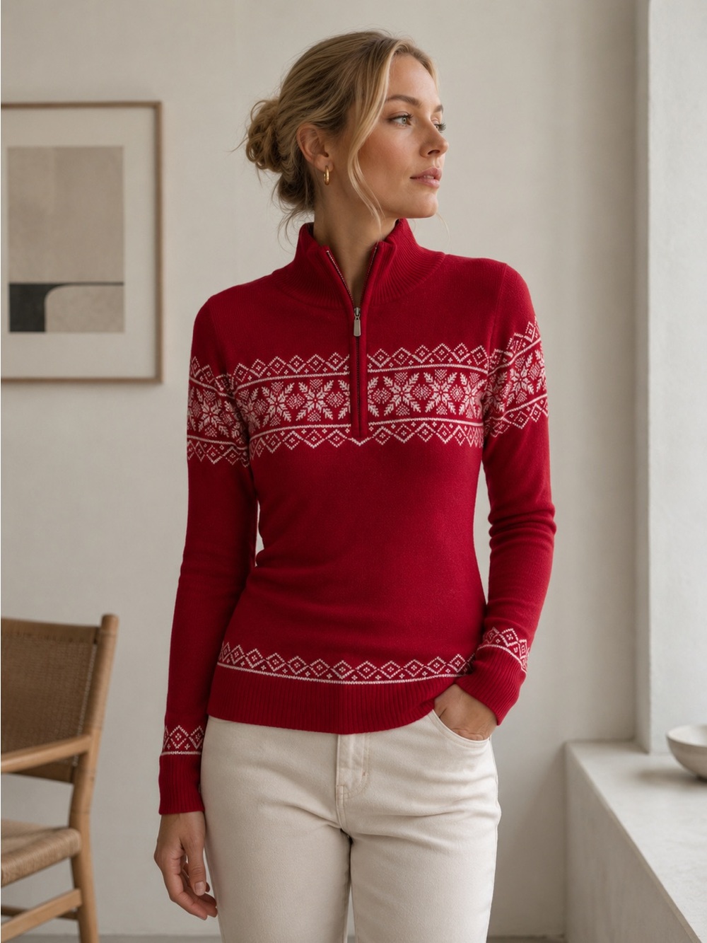 Eddie Bauer Fair Isle  Angora Blend Nordic Quarter Zip Sweater Red Medium Cozy